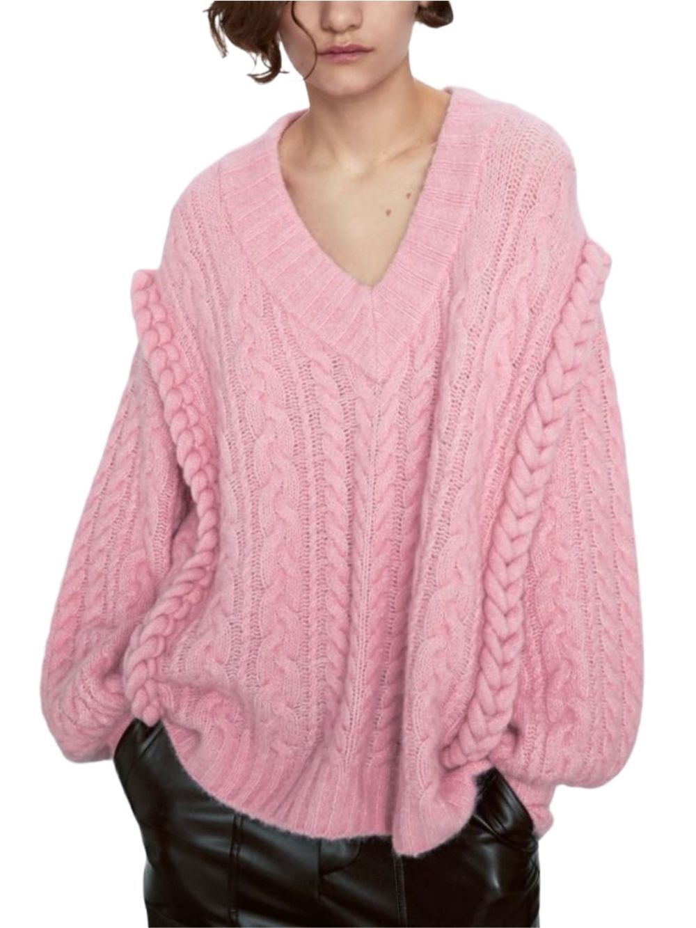 Zara Womens Pink Oversized Cable Knit Slouchy V-Neck Sweater Size Small